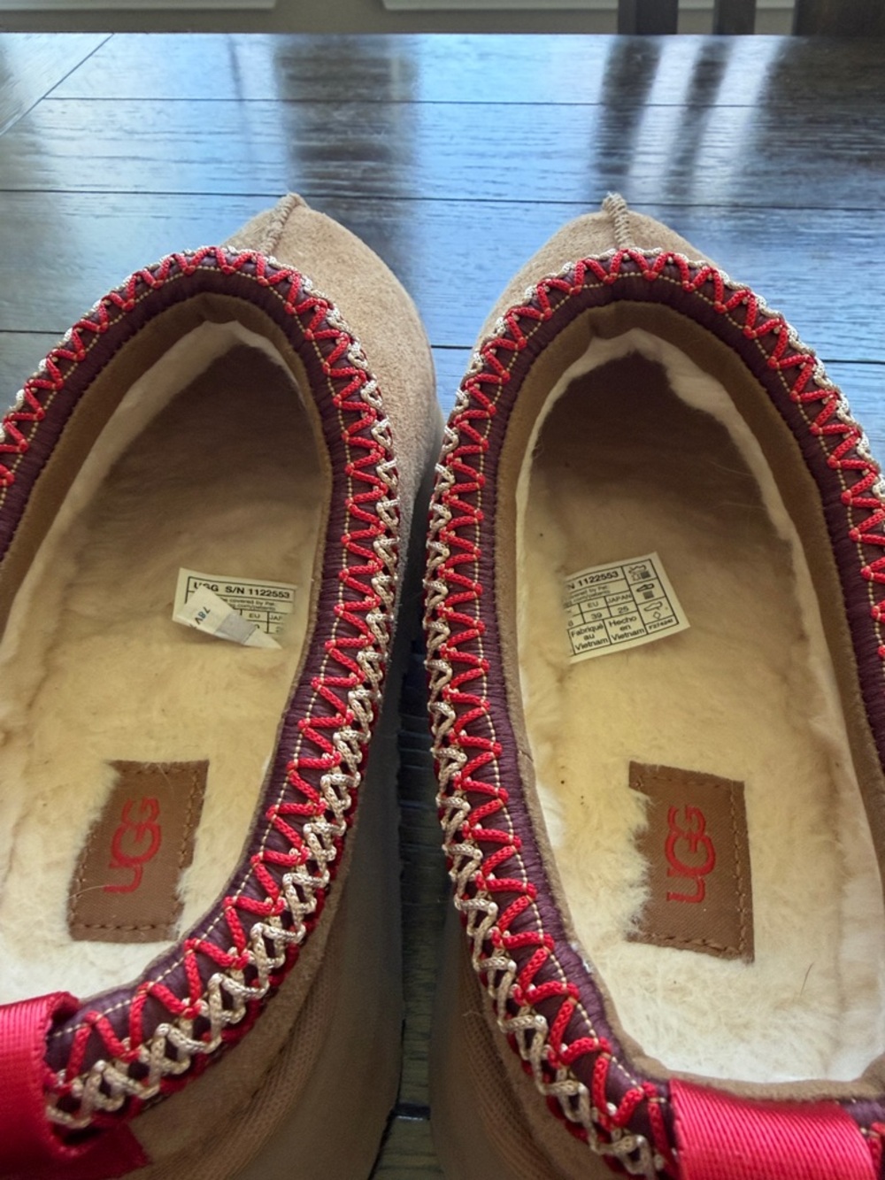 UGG Chestnut Suede Slip-On Slippers with Red Trim- Never worn (no box, no tags) - Picture 4 of 5